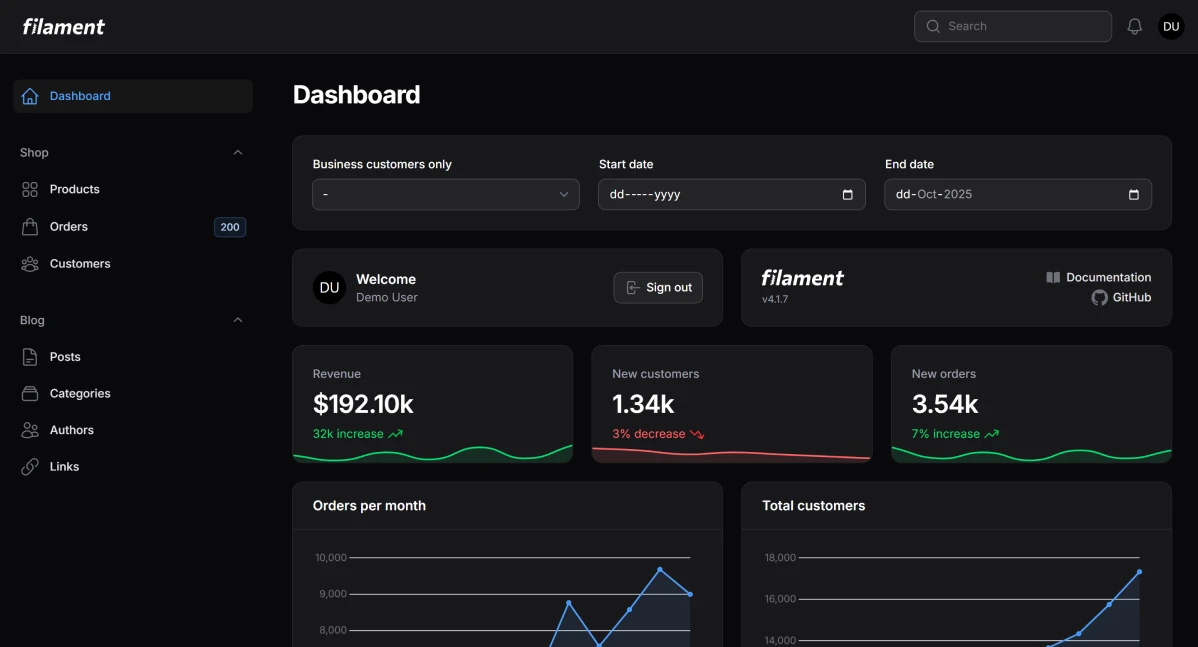 Screenshot of Filament v4 demo application showing the admin panel interface with dark theme